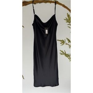Beauty+Gace Size-M Dress Satin Cowl Neck Midi Slip Black